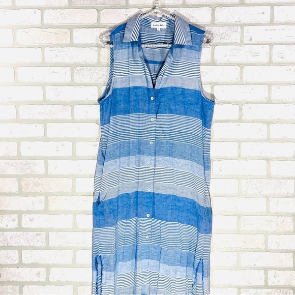 Bella Dahl Frayed Hem Duster Blue Striped Maxi Dress Linen Blend Size S - Picture 5 of 11